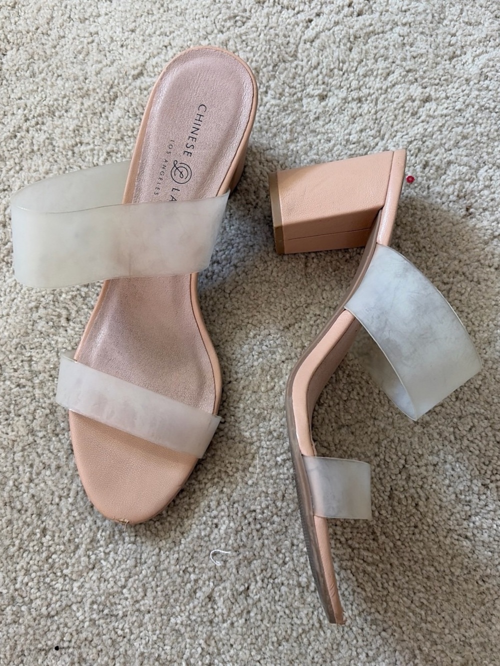 Chinese Laundry Blush Pink Block Heel Slide with Clear Double Straps